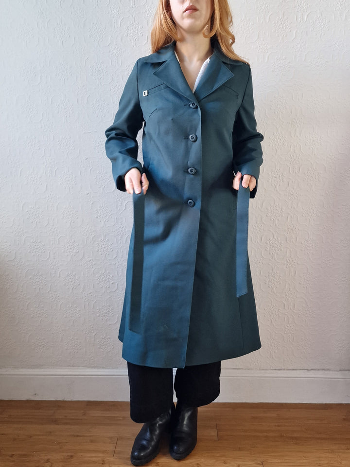 Vintage Dark Teal Green Single Breasted Trench Coat with Belt - S