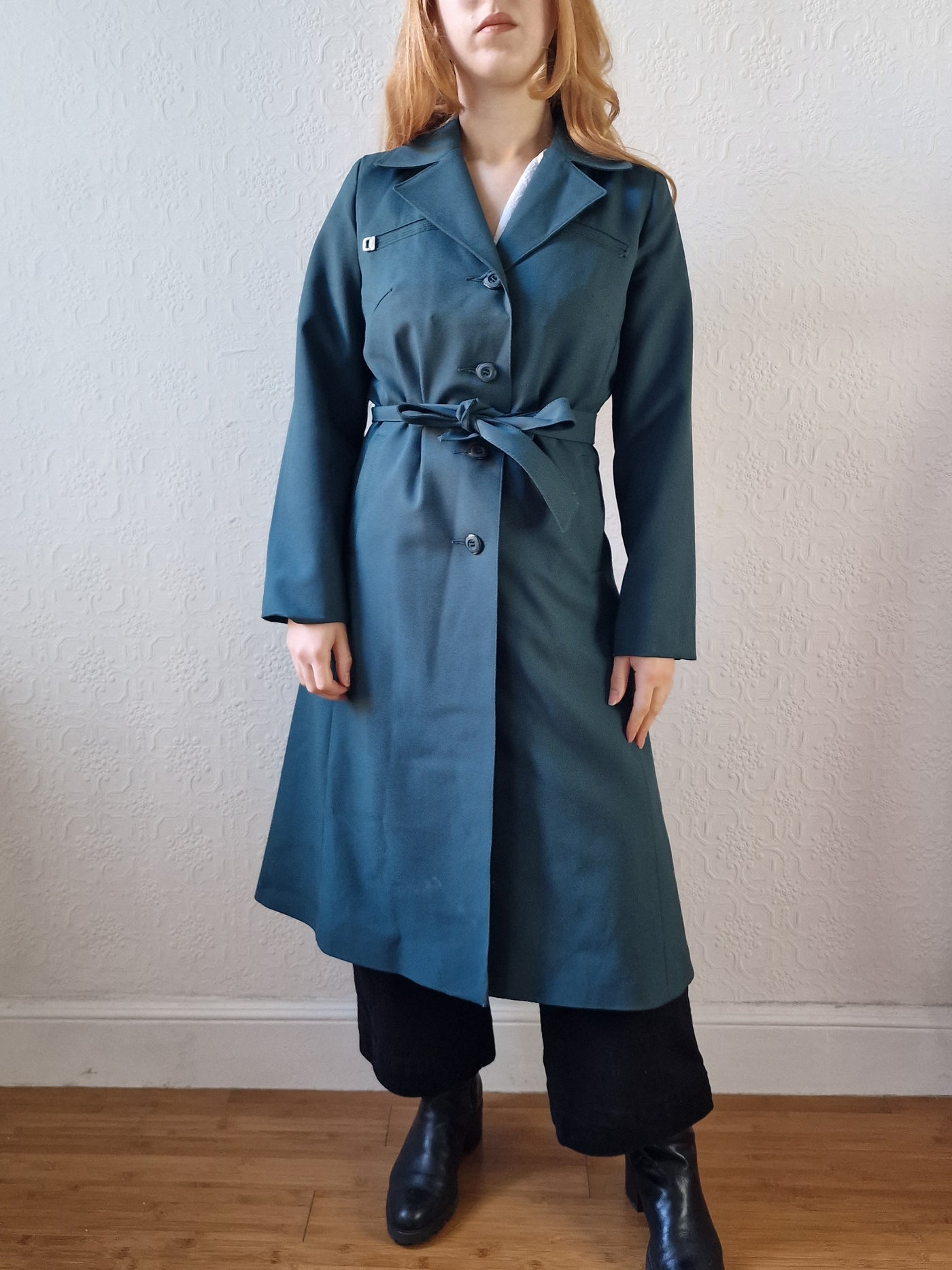 Vintage Dark Teal Green Single Breasted Trench Coat with Belt - S