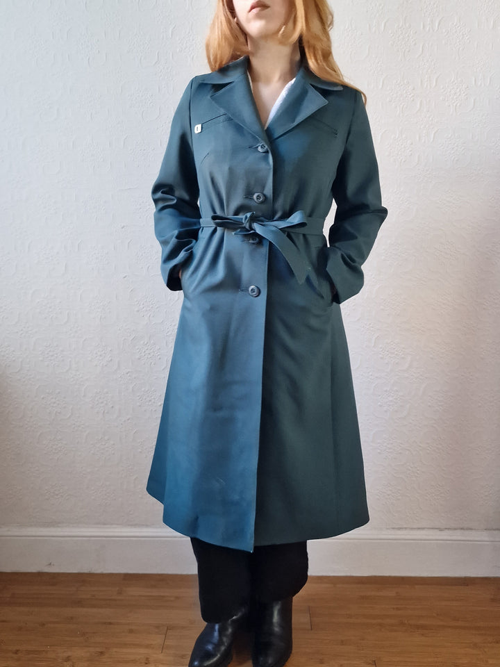 Vintage Dark Teal Green Single Breasted Trench Coat with Belt - S