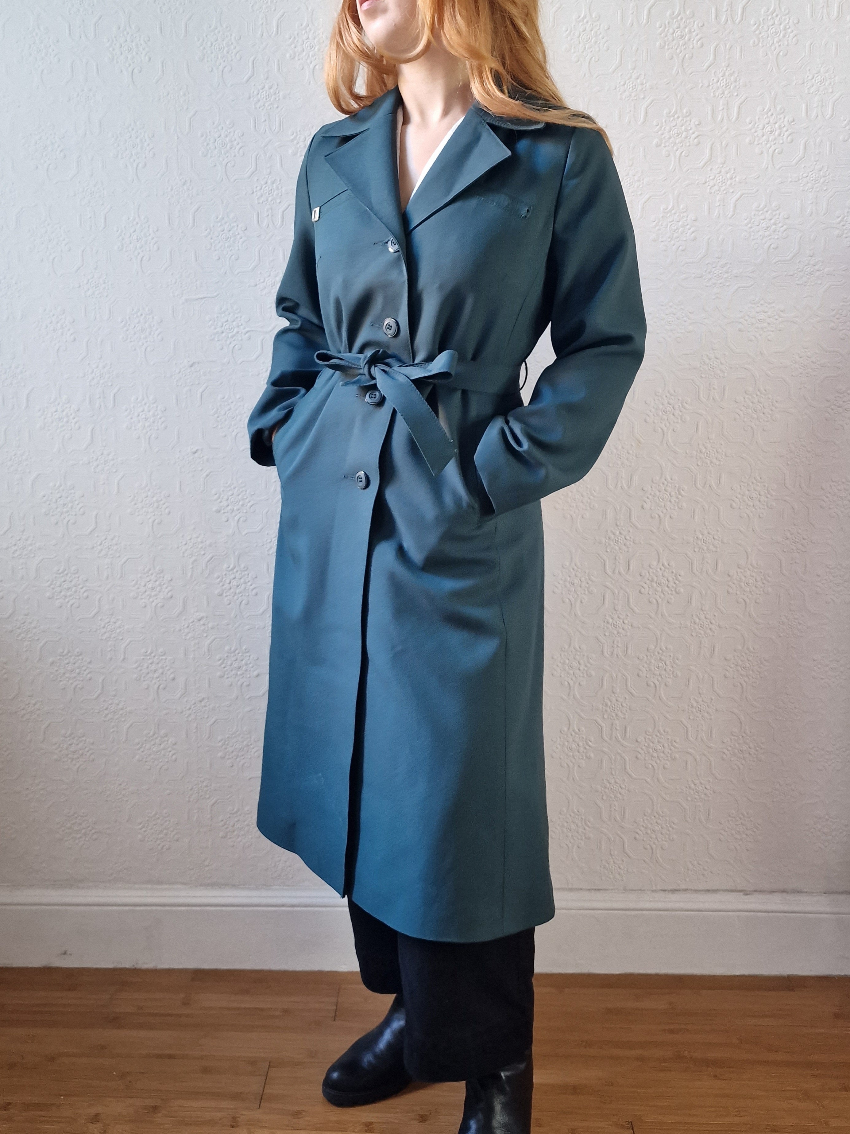 Vintage Dark Teal Green Single Breasted Trench Coat with Belt S TORN vintage