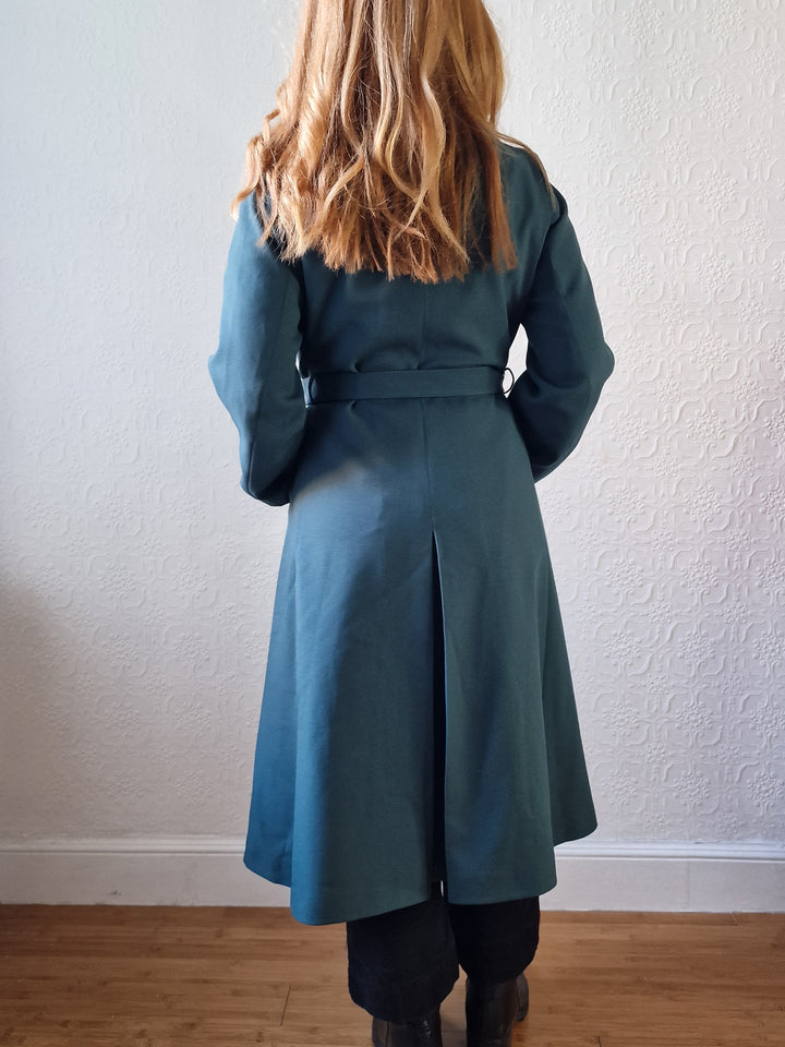 Vintage Dark Teal Green Single Breasted Trench Coat with Belt - S