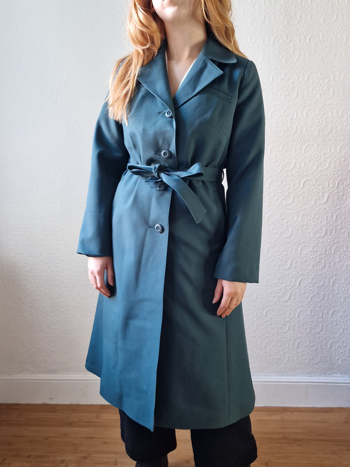 Vintage Dark Teal Green Single Breasted Trench Coat with Belt - S