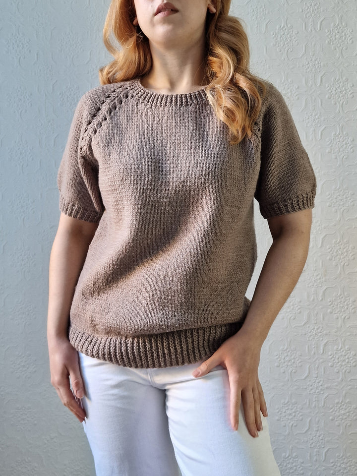 Vintage 80s Light Brown Round Neck Handknitted Jumper Top with Short Sleeves - S/M