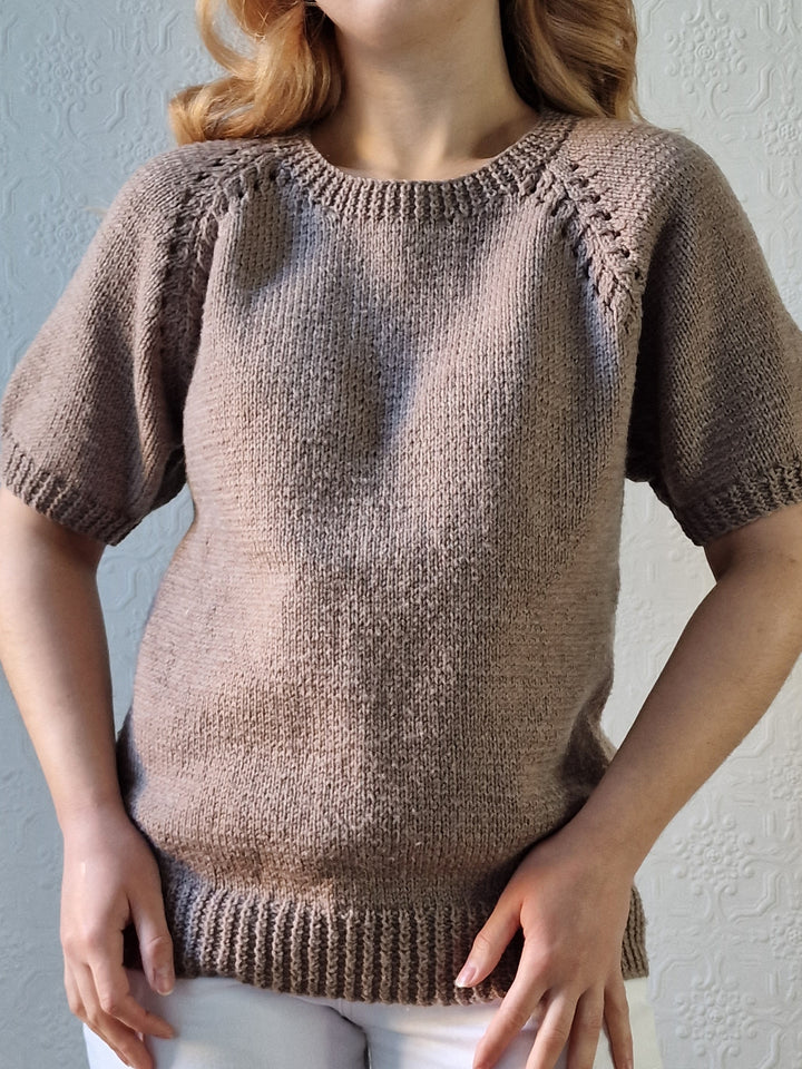 Vintage 80s Light Brown Round Neck Handknitted Jumper Top with Short Sleeves - S/M