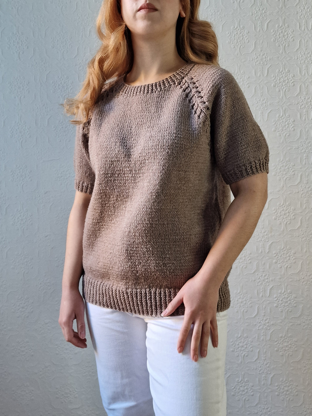 Vintage 80s Light Brown Round Neck Handknitted Jumper Top with Short Sleeves - S/M