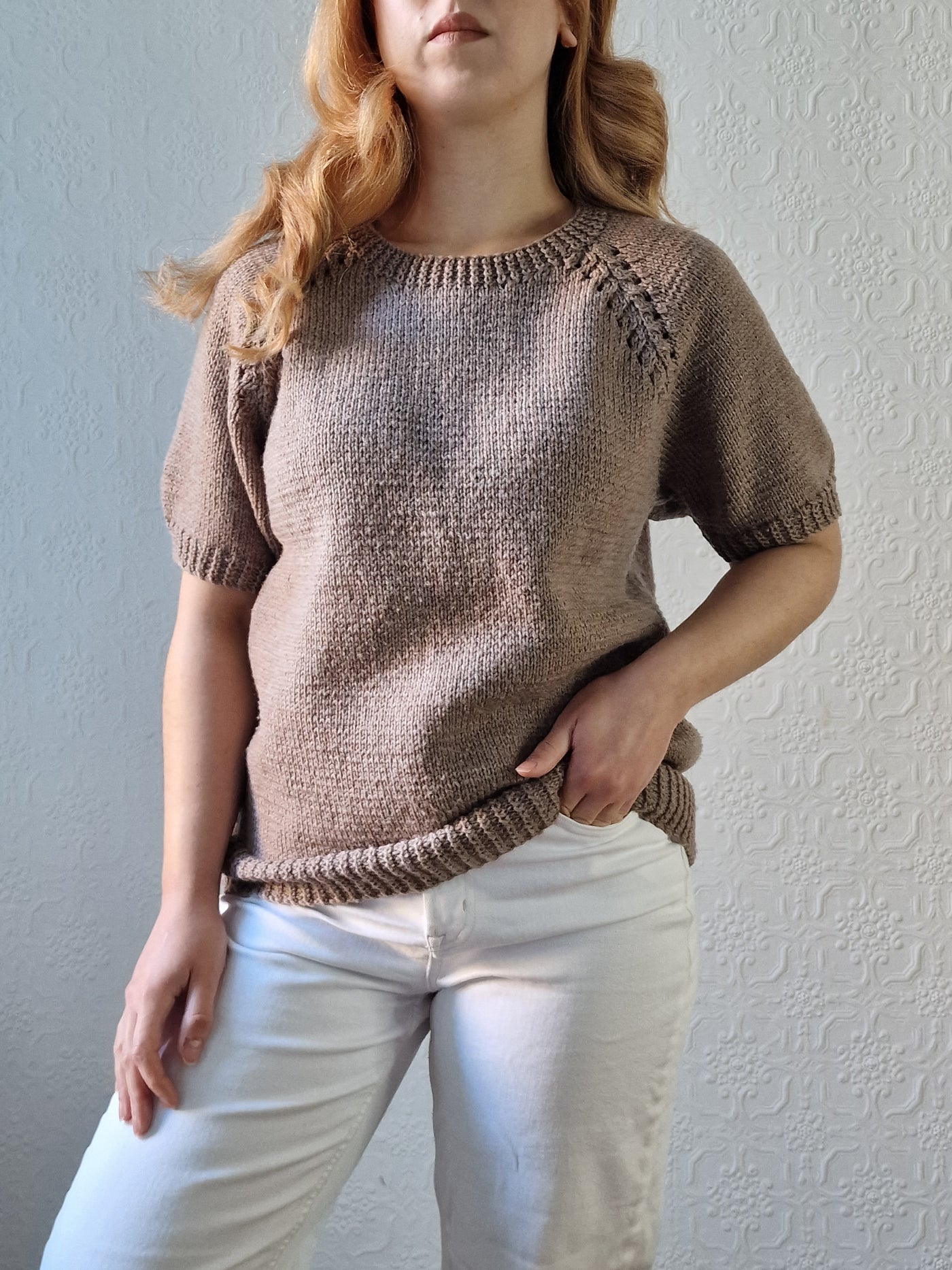 Vintage 80s Light Brown Round Neck Handknitted Jumper Top with Short Sleeves - S/M
