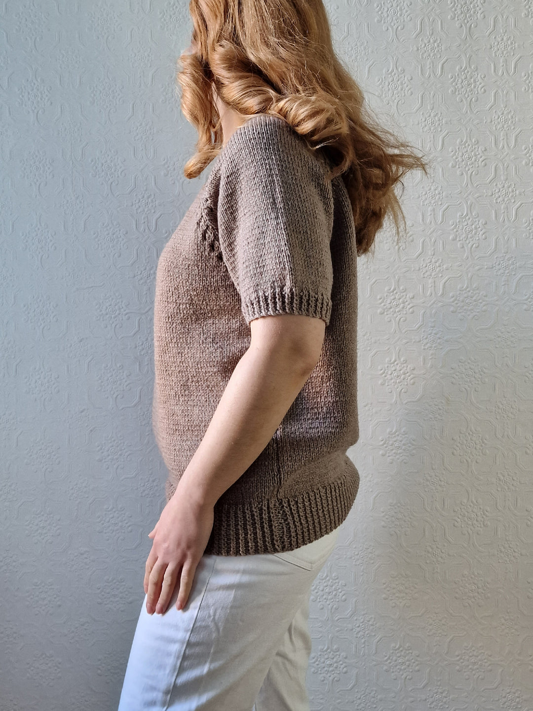 Vintage 80s Light Brown Round Neck Handknitted Jumper Top with Short Sleeves - S/M