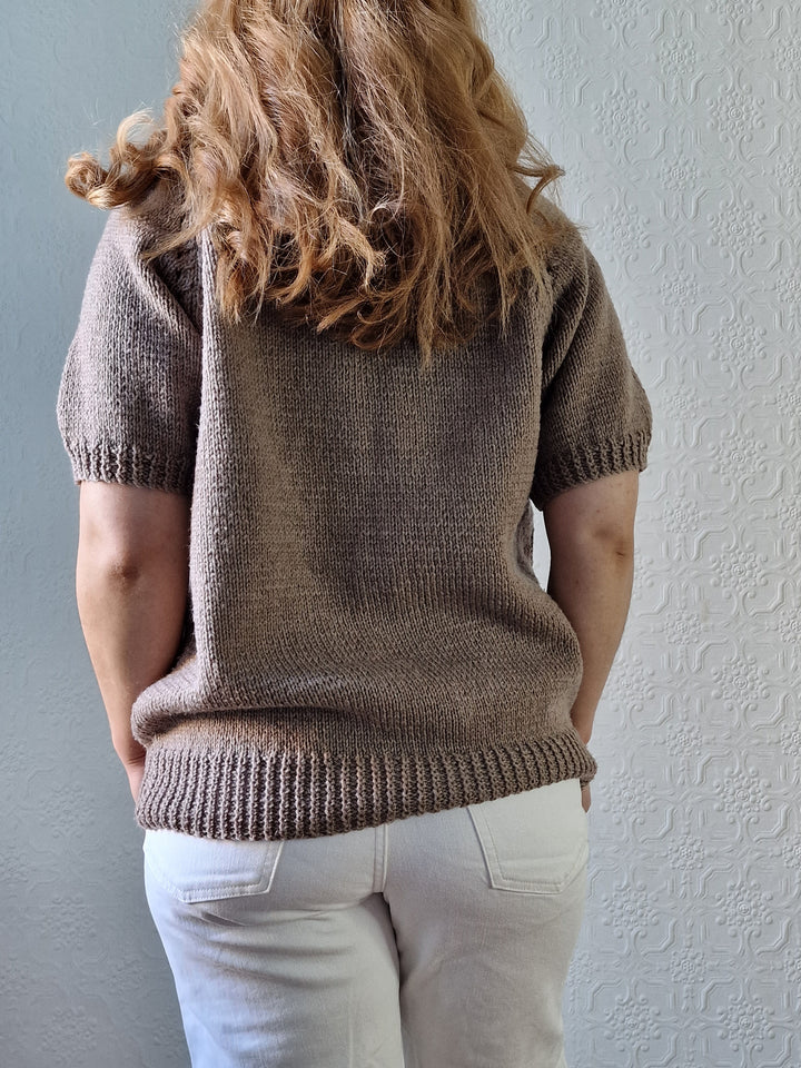 Vintage 80s Light Brown Round Neck Handknitted Jumper Top with Short Sleeves - S/M