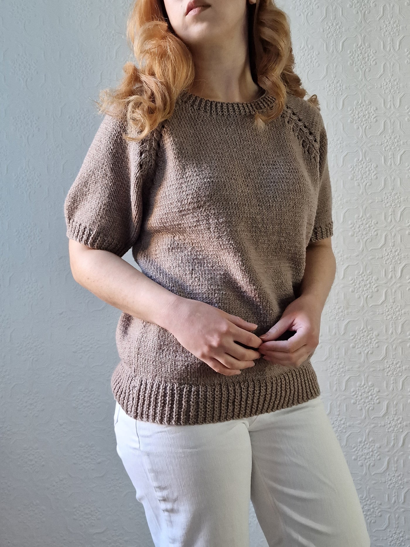 Vintage 80s Light Brown Round Neck Handknitted Jumper Top with Short Sleeves - S/M