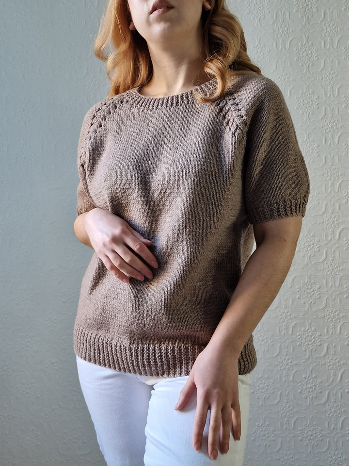 Vintage 80s Light Brown Round Neck Handknitted Jumper Top with Short Sleeves - S/M