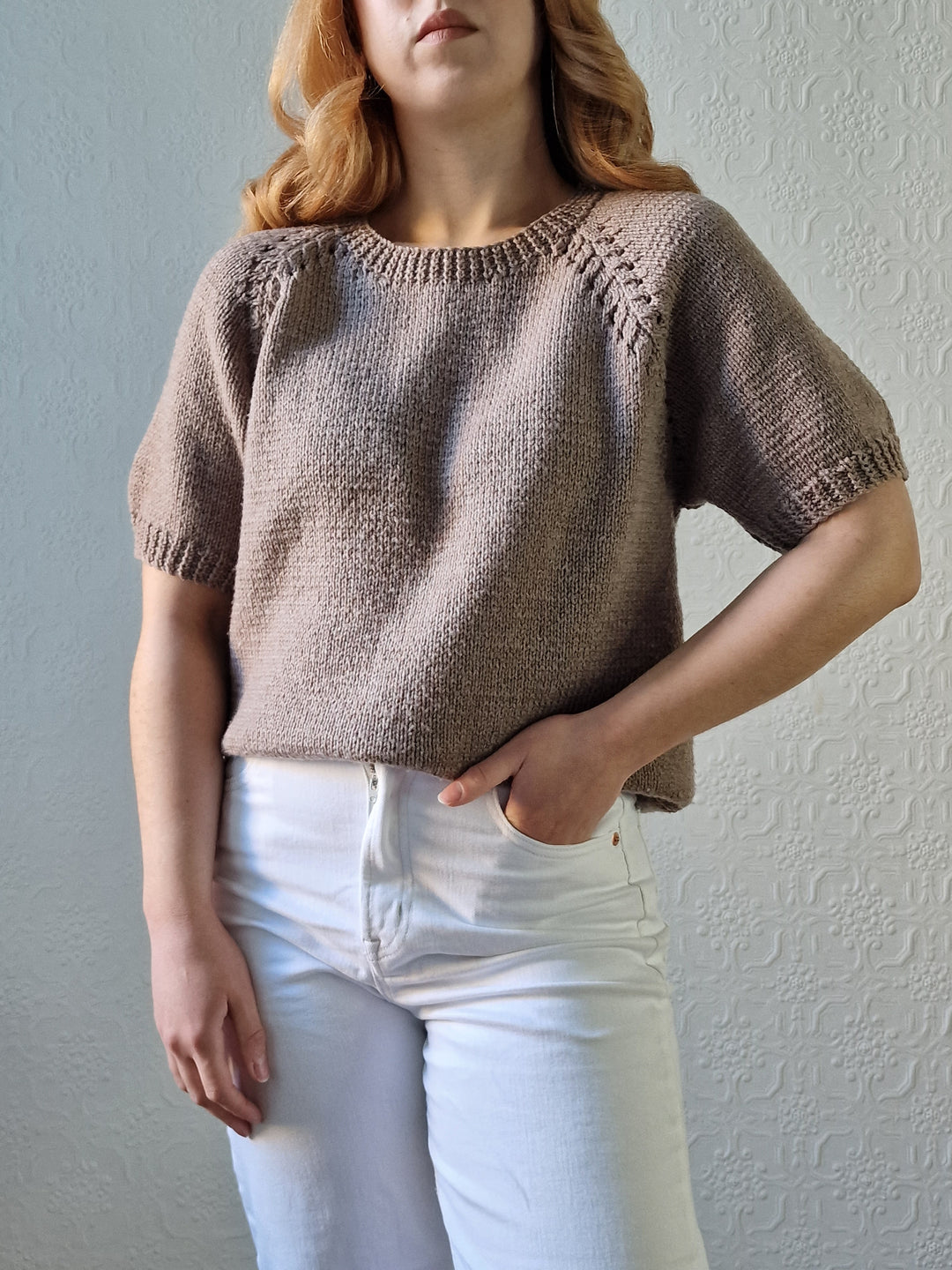 Vintage 80s Light Brown Round Neck Handknitted Jumper Top with Short Sleeves - S/M