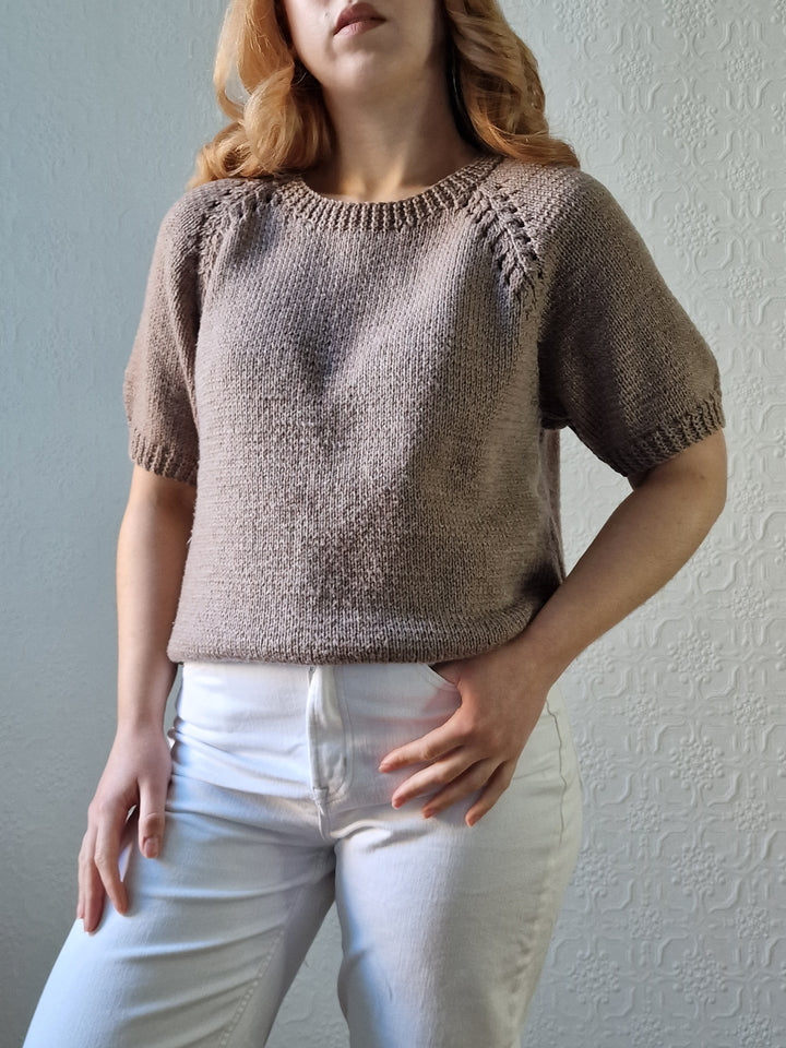 Vintage 80s Light Brown Round Neck Handknitted Jumper Top with Short Sleeves - S/M