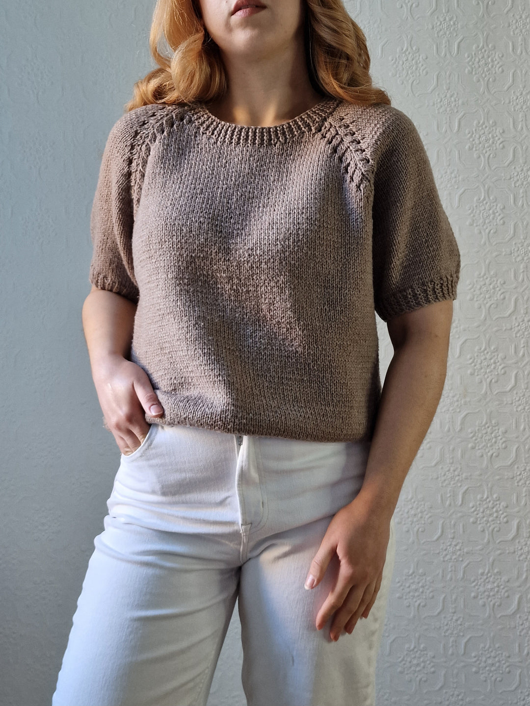 Vintage 80s Light Brown Round Neck Handknitted Jumper Top with Short Sleeves - S/M