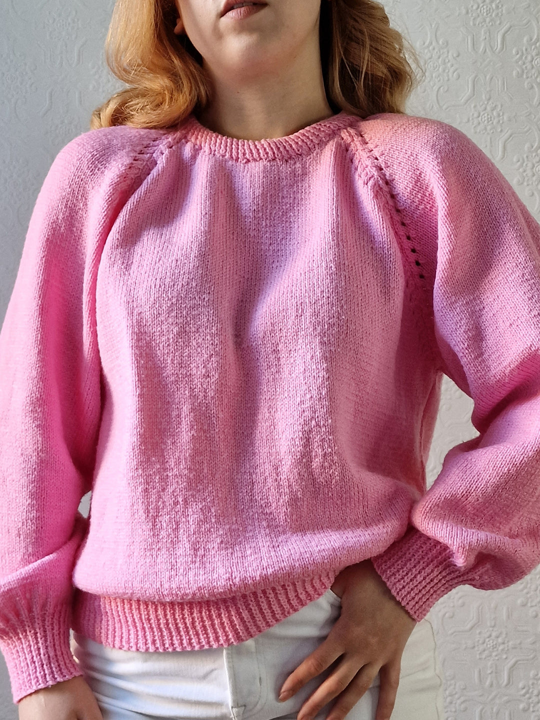 Vintage 80s Handknitted Bubblegum Pink Jumper with Crew Neck - L