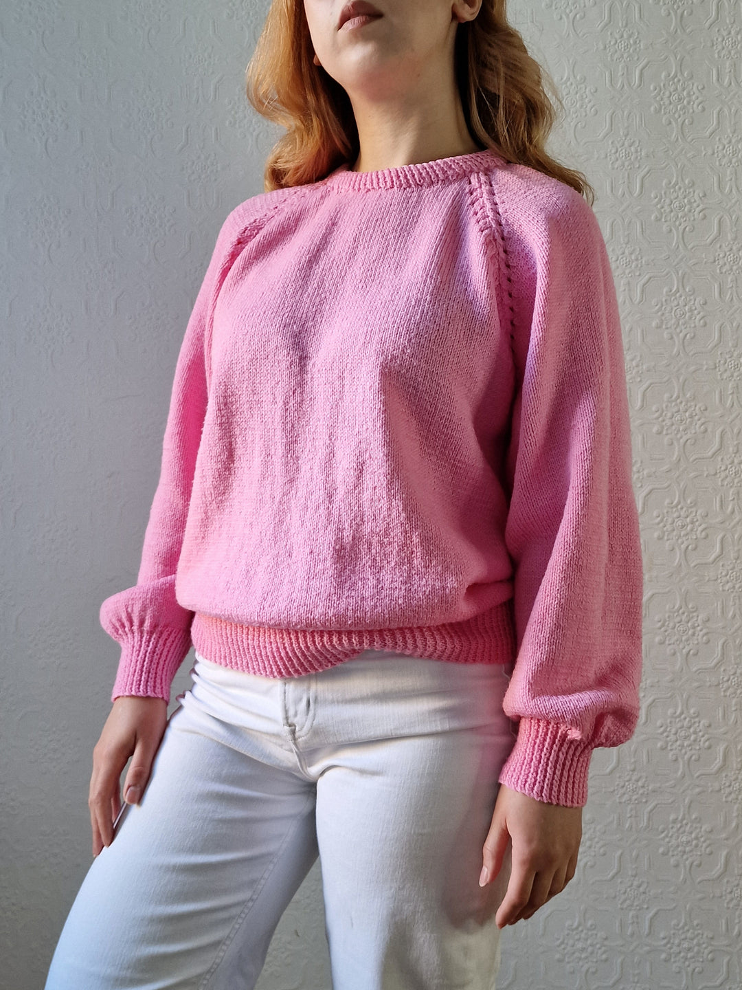 Vintage 80s Handknitted Bubblegum Pink Jumper with Crew Neck - L