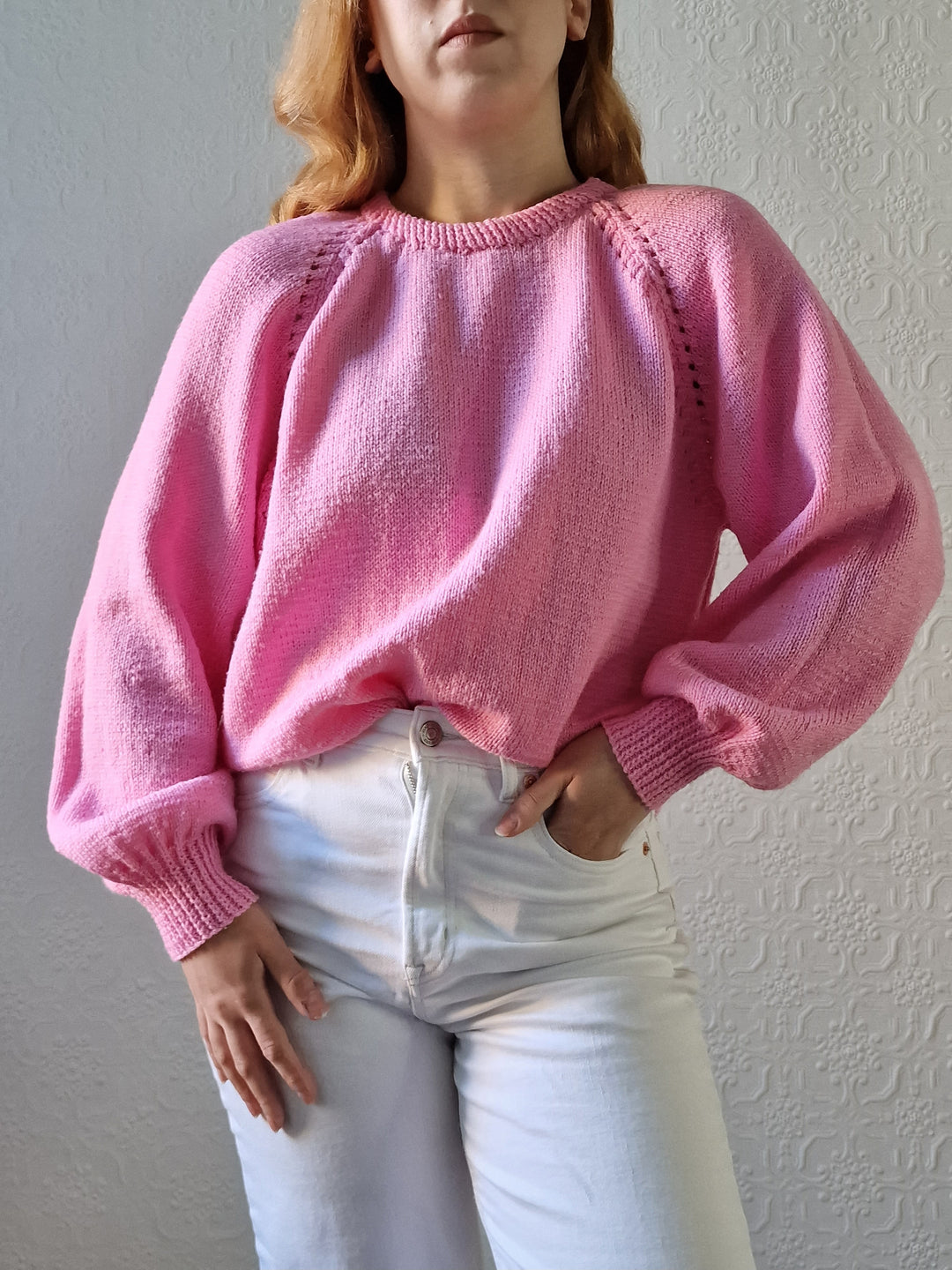 Vintage 80s Handknitted Bubblegum Pink Jumper with Crew Neck - L