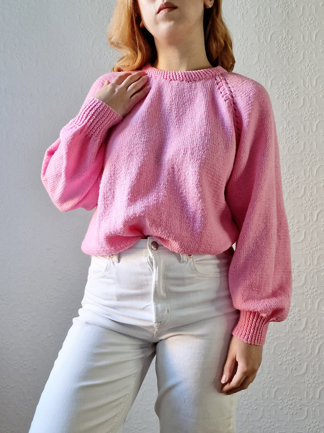 Vintage 80s Handknitted Bubblegum Pink Jumper with Crew Neck - L