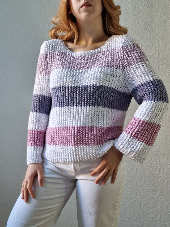 Vintage 90s Striped White & Purple Crochet Jumper with Long Sleeves - M