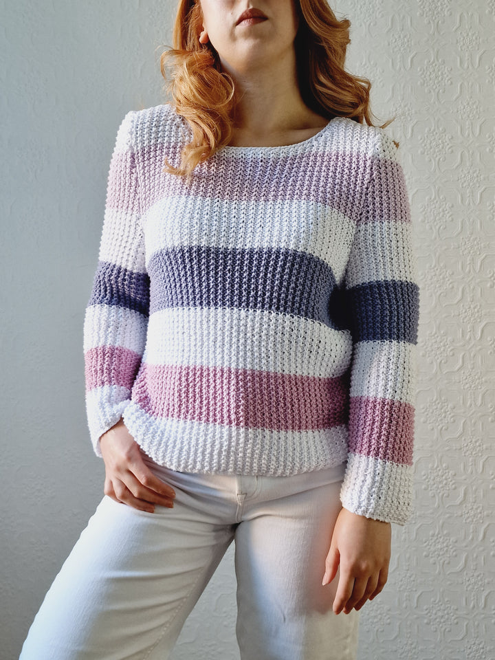 Vintage 90s Striped White & Purple Crochet Jumper with Long Sleeves - M