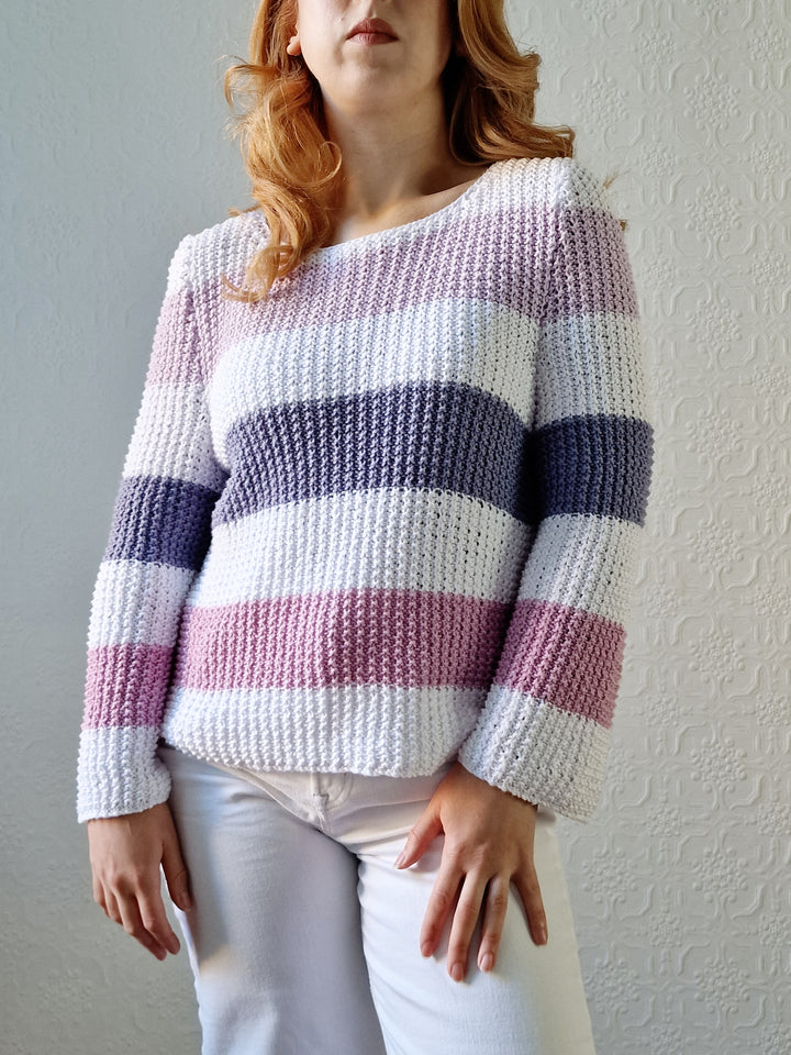 Vintage 90s Striped White & Purple Crochet Jumper with Long Sleeves - M