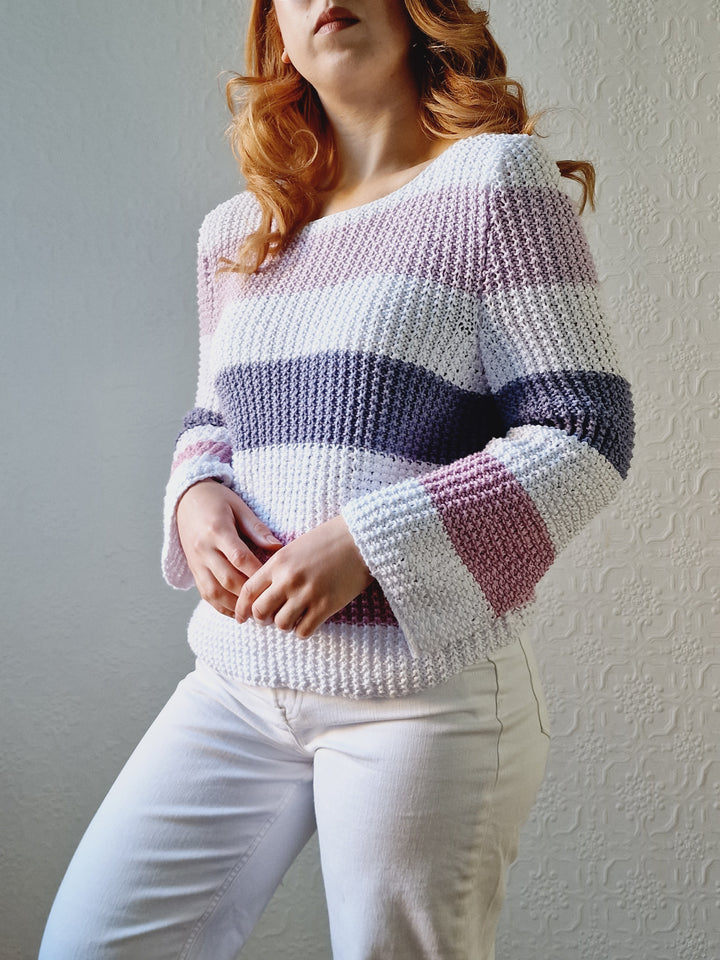 Vintage 90s Striped White & Purple Crochet Jumper with Long Sleeves - M