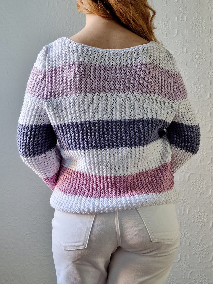 Vintage 90s Striped White & Purple Crochet Jumper with Long Sleeves - M