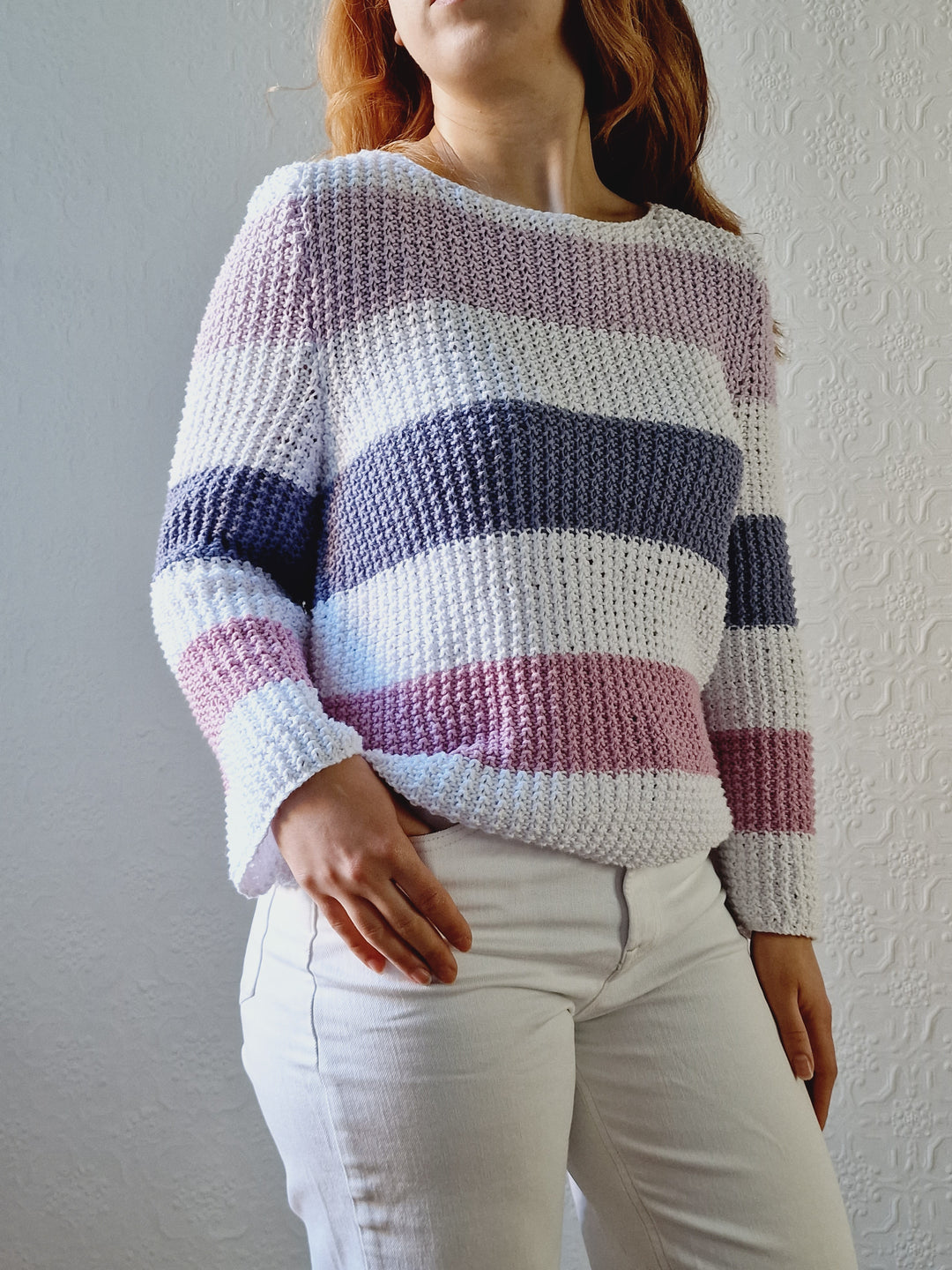 Vintage 90s Striped White & Purple Crochet Jumper with Long Sleeves - M