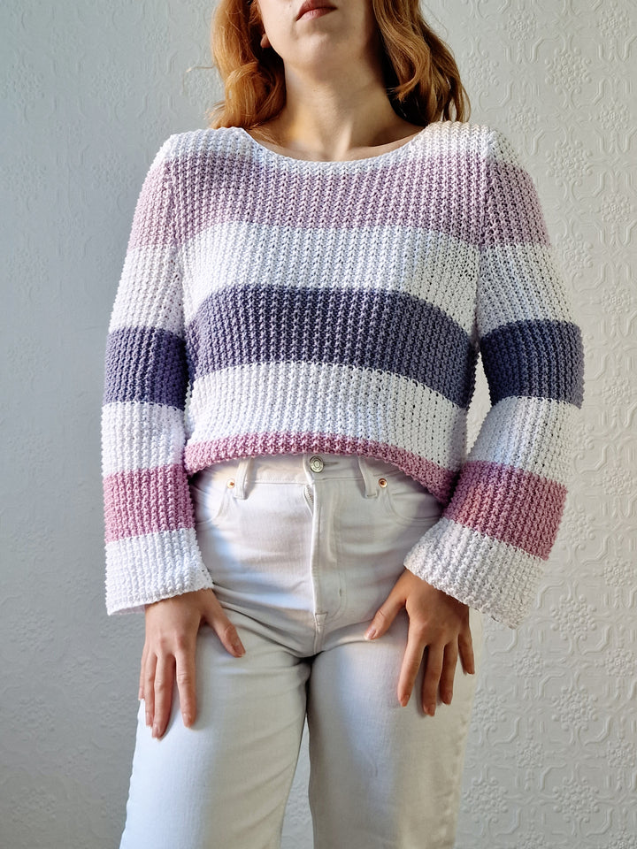 Vintage 90s Striped White & Purple Crochet Jumper with Long Sleeves - M