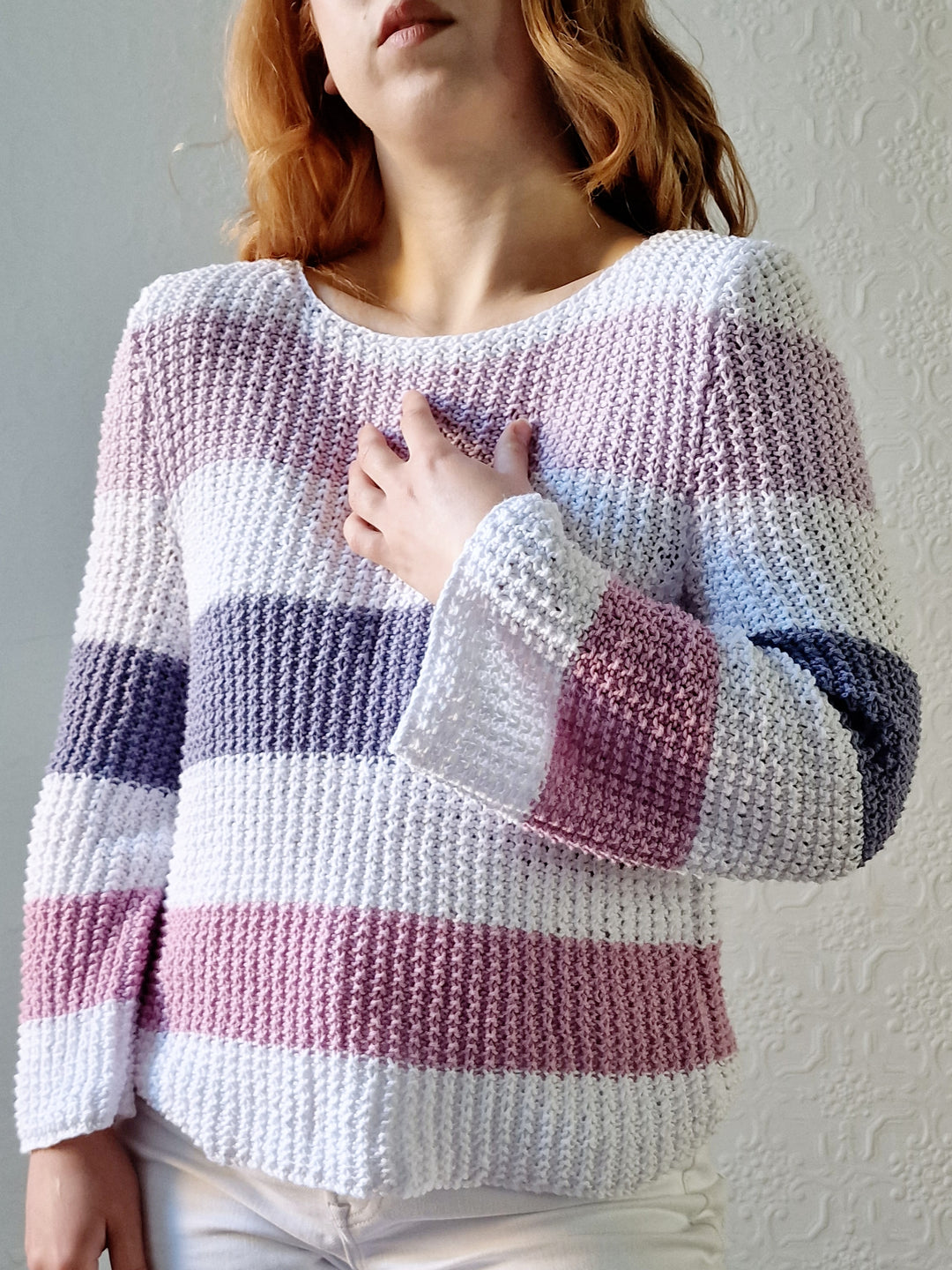 Vintage 90s Striped White & Purple Crochet Jumper with Long Sleeves - M