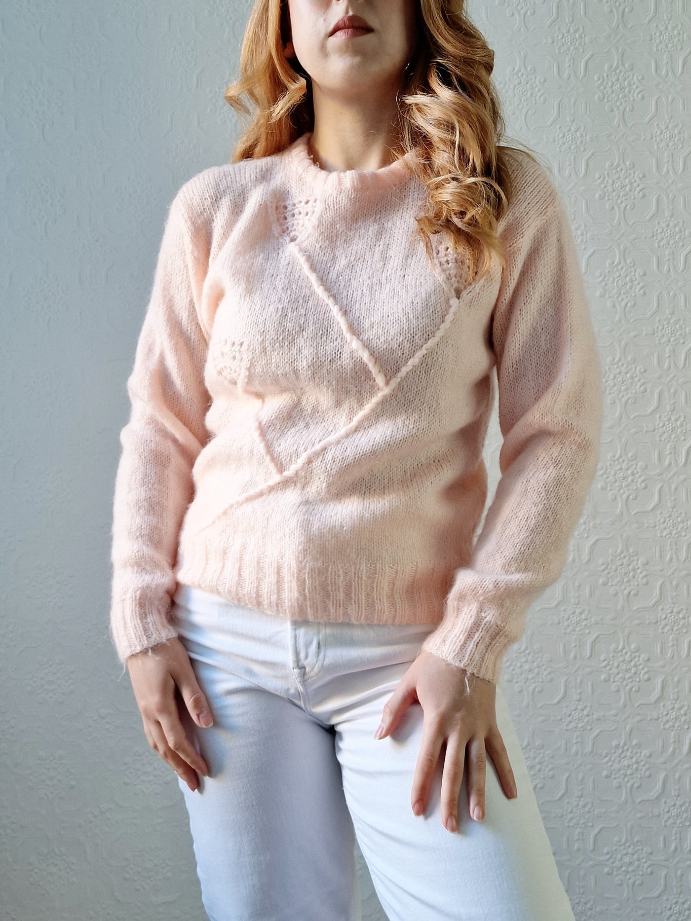 Vintage 80s Handknitted Light Peach Mohair Jumper with Crew Neck - S