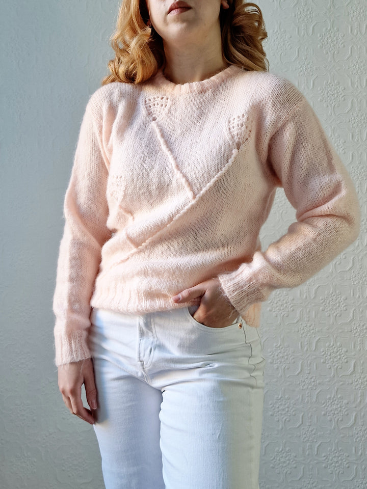 Vintage 80s Handknitted Light Peach Mohair Jumper with Crew Neck - S