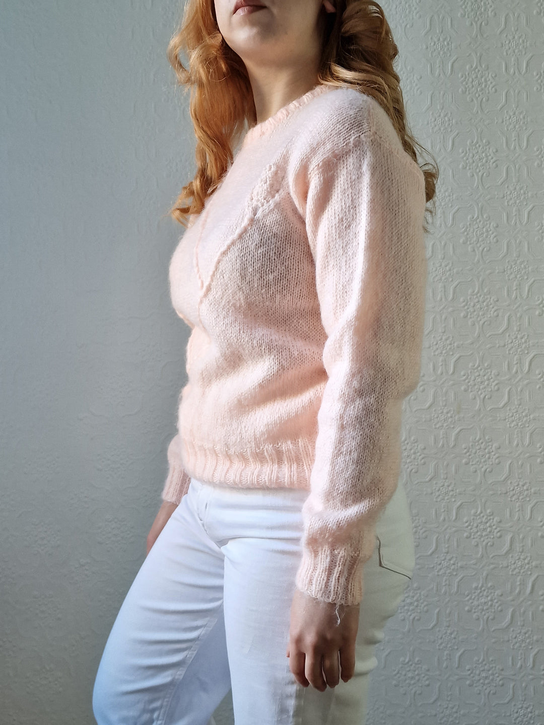 Vintage 80s Handknitted Light Peach Mohair Jumper with Crew Neck - S