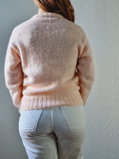 Vintage 80s Handknitted Light Peach Mohair Jumper with Crew Neck - S
