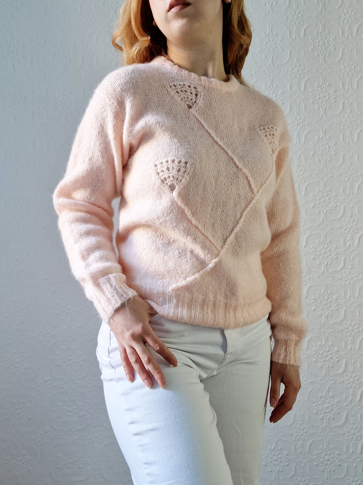 Vintage 80s Handknitted Light Peach Mohair Jumper with Crew Neck - S