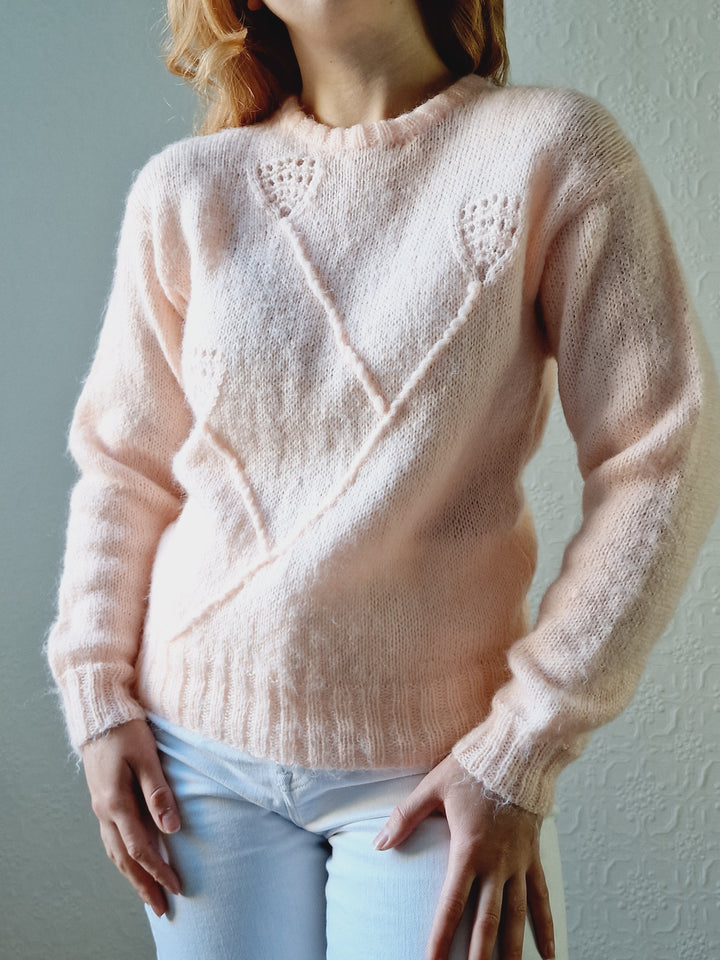 Vintage 80s Handknitted Light Peach Mohair Jumper with Crew Neck - S