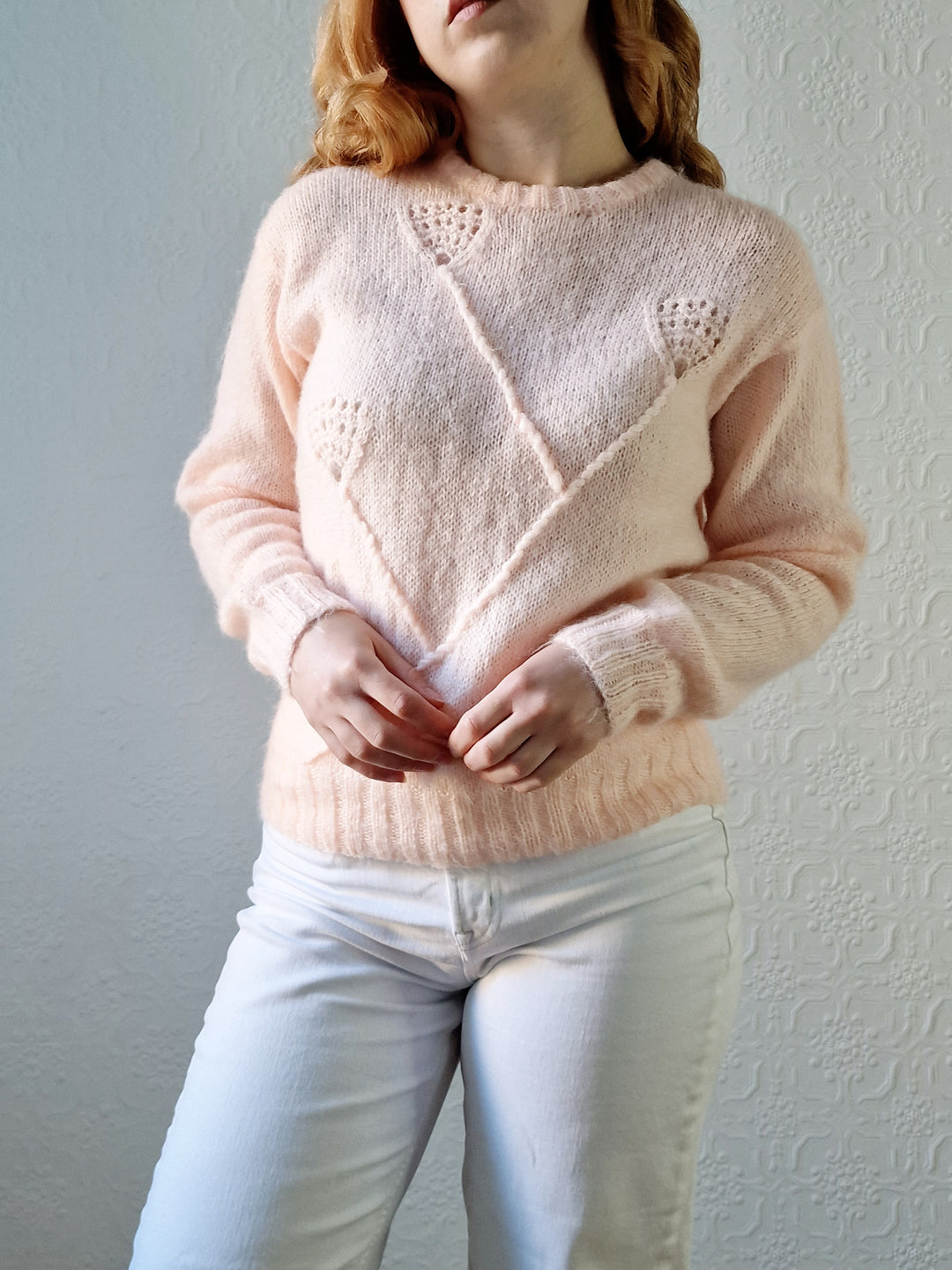 Vintage 80s Handknitted Light Peach Mohair Jumper with Crew Neck - S