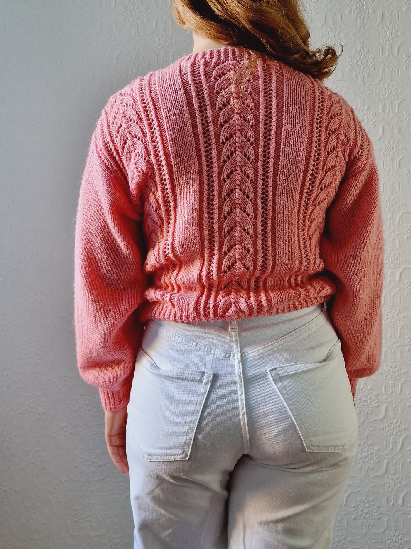 Vintage 80s Handknitted Coral Pink Jumper with Crew Neck - S/M
