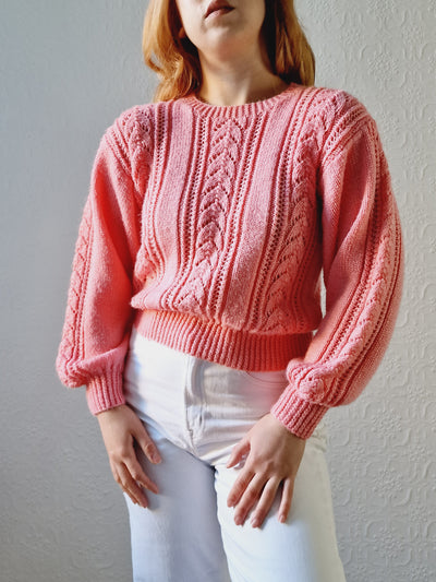 Vintage 80s Handknitted Coral Pink Jumper with Crew Neck - S/M