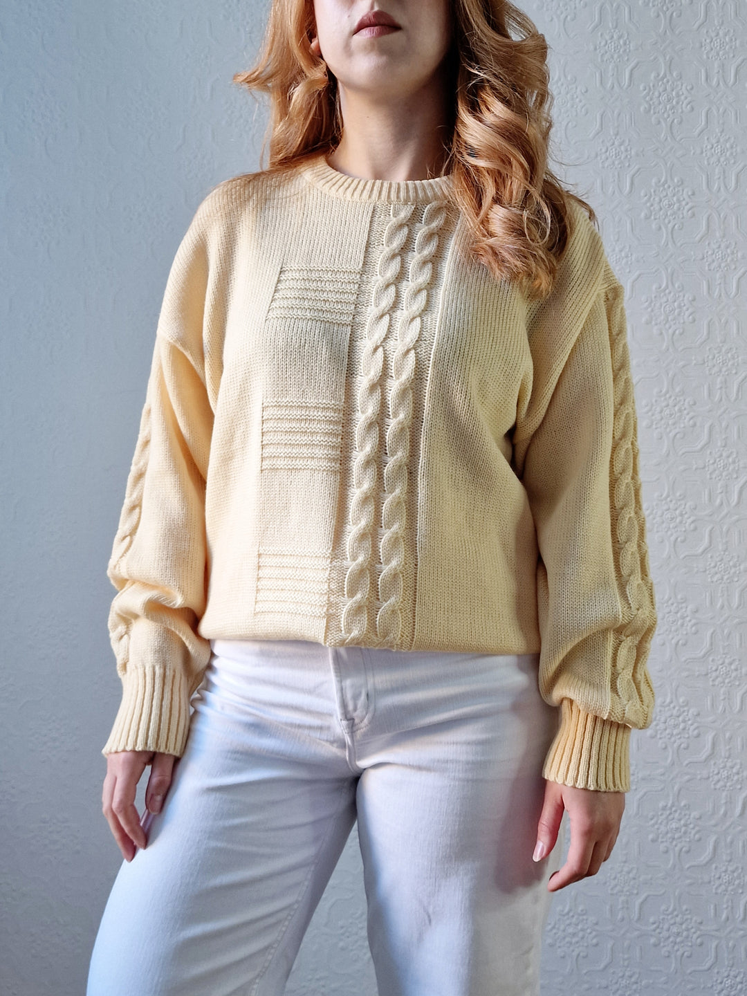 Vintage 90s Pale Yellow Cable Knit Jumper with Crew Neck - M/L