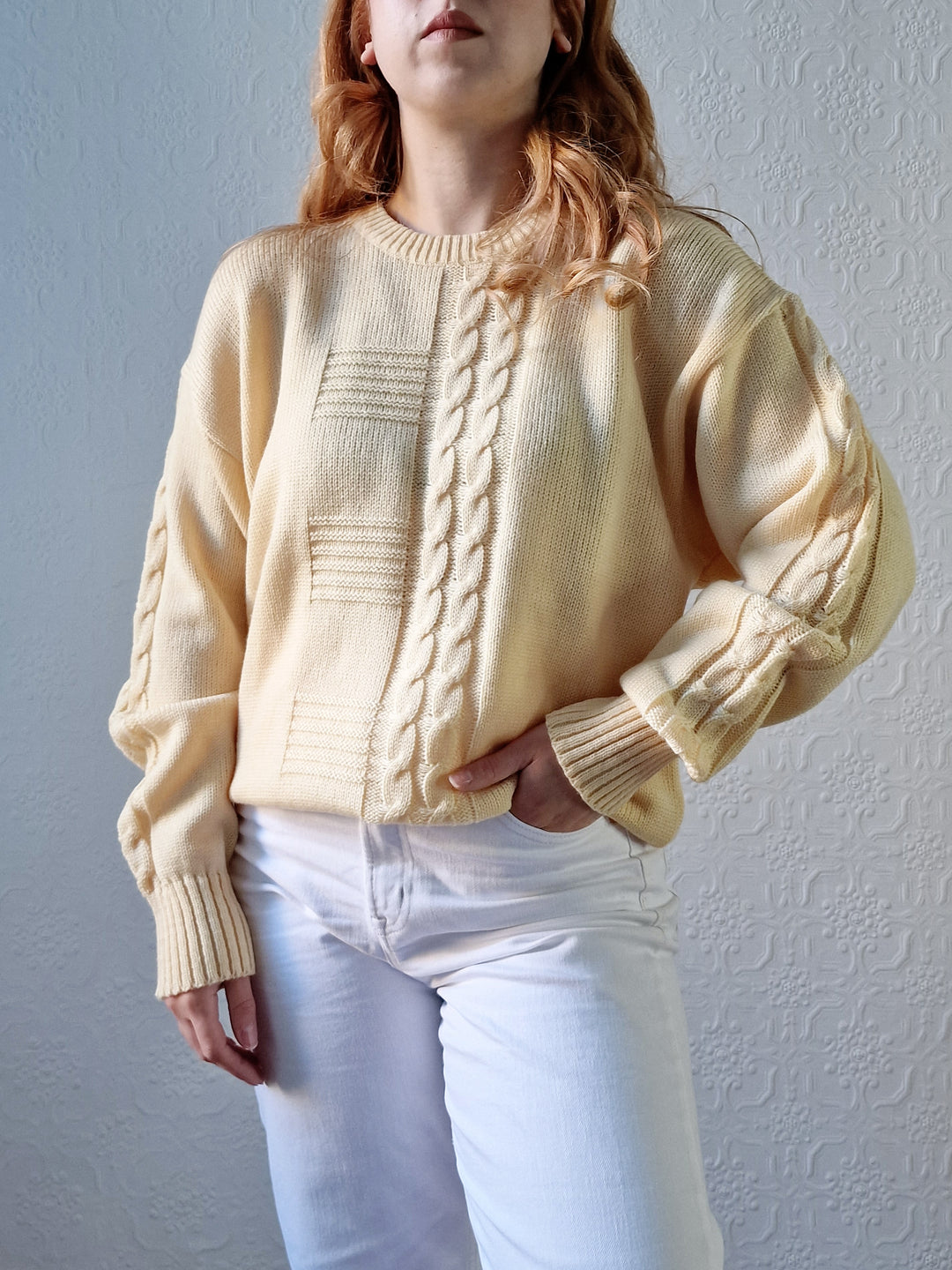 Vintage 90s Pale Yellow Cable Knit Jumper with Crew Neck - M/L