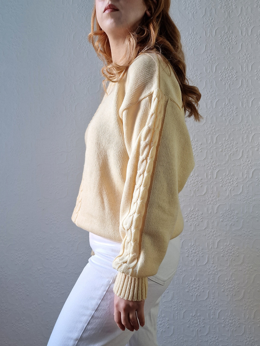 Vintage 90s Pale Yellow Cable Knit Jumper with Crew Neck - M/L