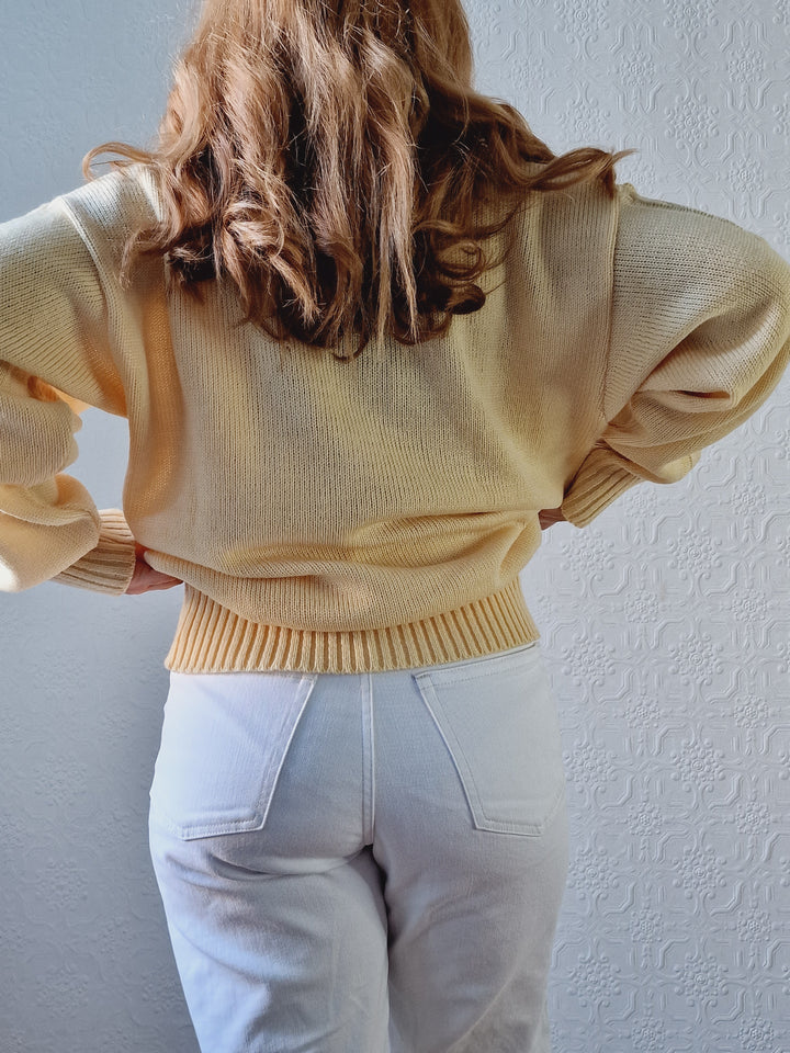 Vintage 90s Pale Yellow Cable Knit Jumper with Crew Neck - M/L