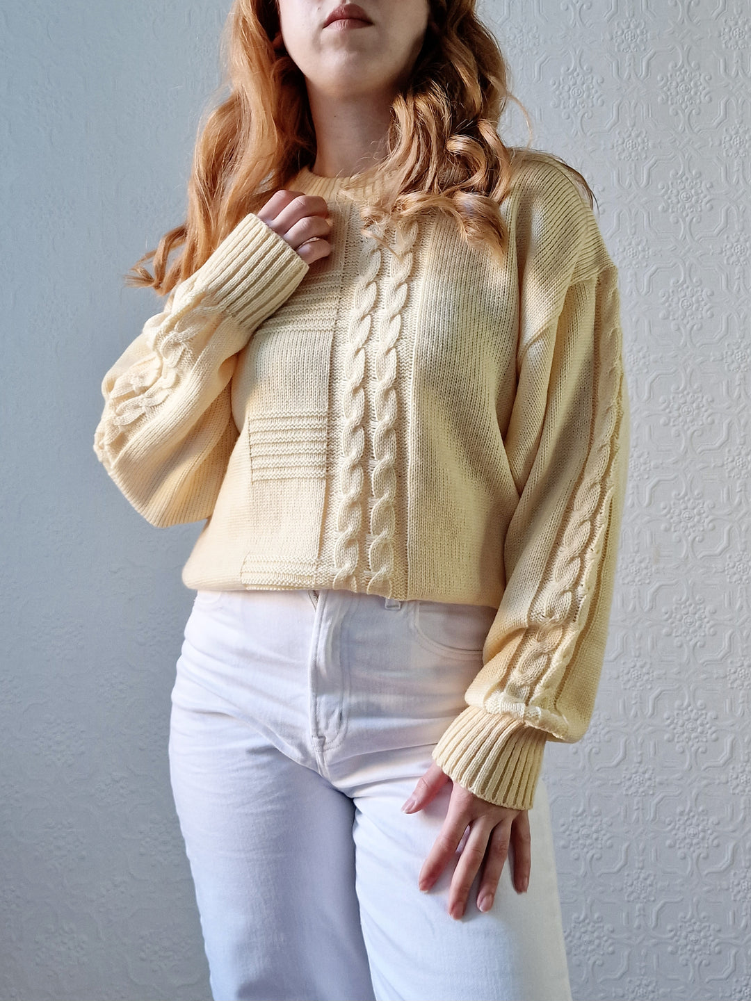 Vintage 90s Pale Yellow Cable Knit Jumper with Crew Neck - M/L