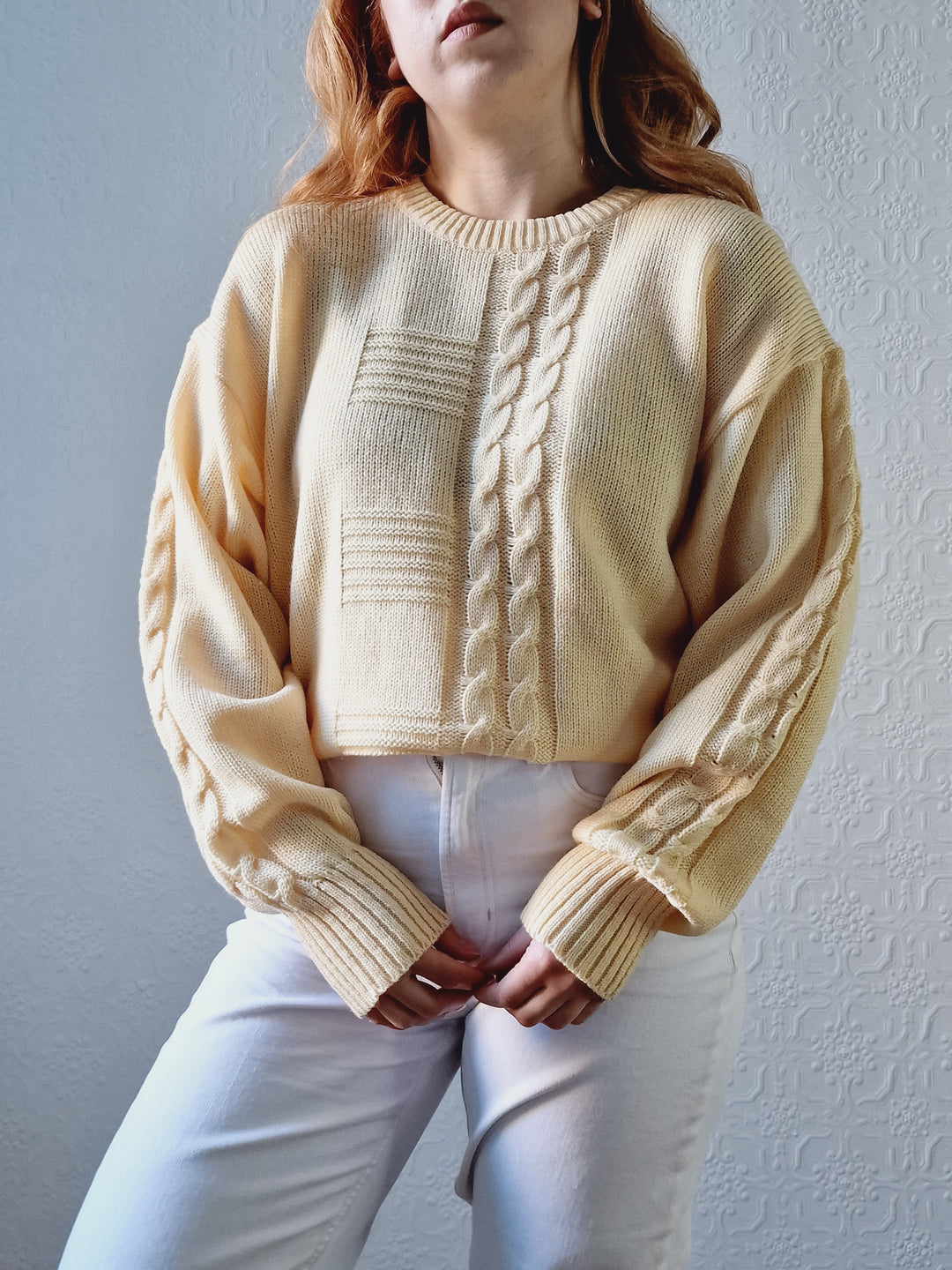 Vintage 90s Pale Yellow Cable Knit Jumper with Crew Neck - M/L