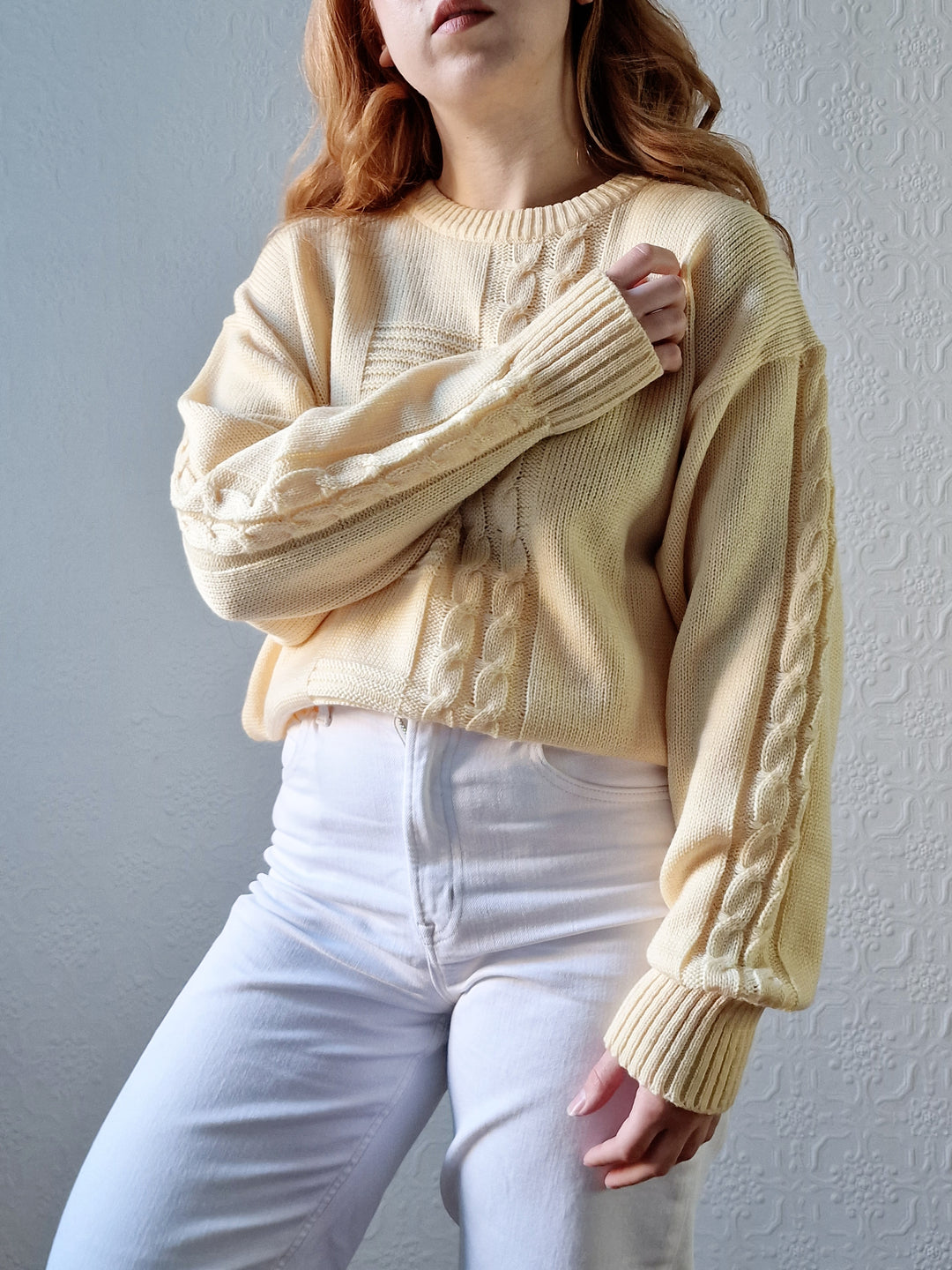 Vintage 90s Pale Yellow Cable Knit Jumper with Crew Neck - M/L