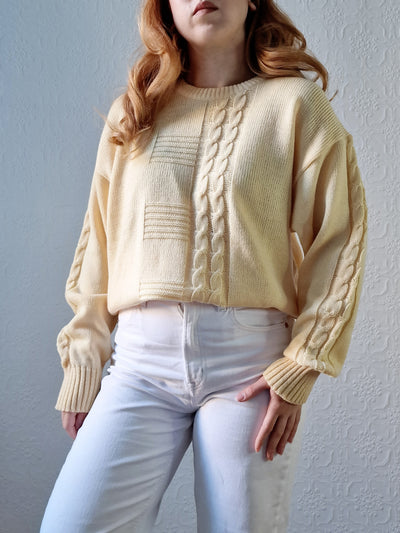 Vintage 90s Pale Yellow Cable Knit Jumper with Crew Neck - M/L