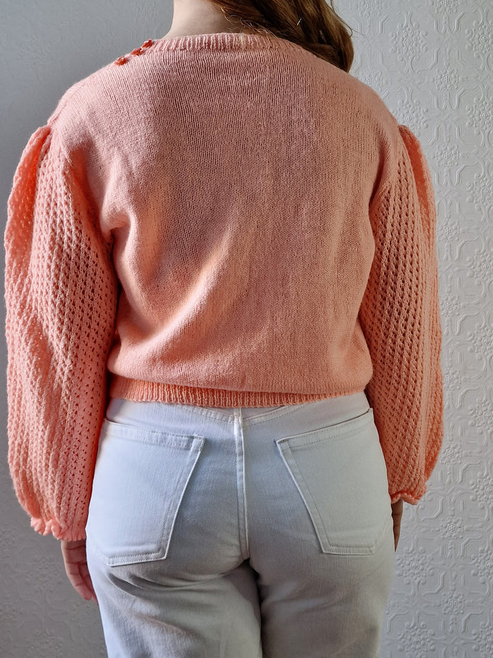 Vintage 80s Handknitted Peach Jumper with Crew Neck - M