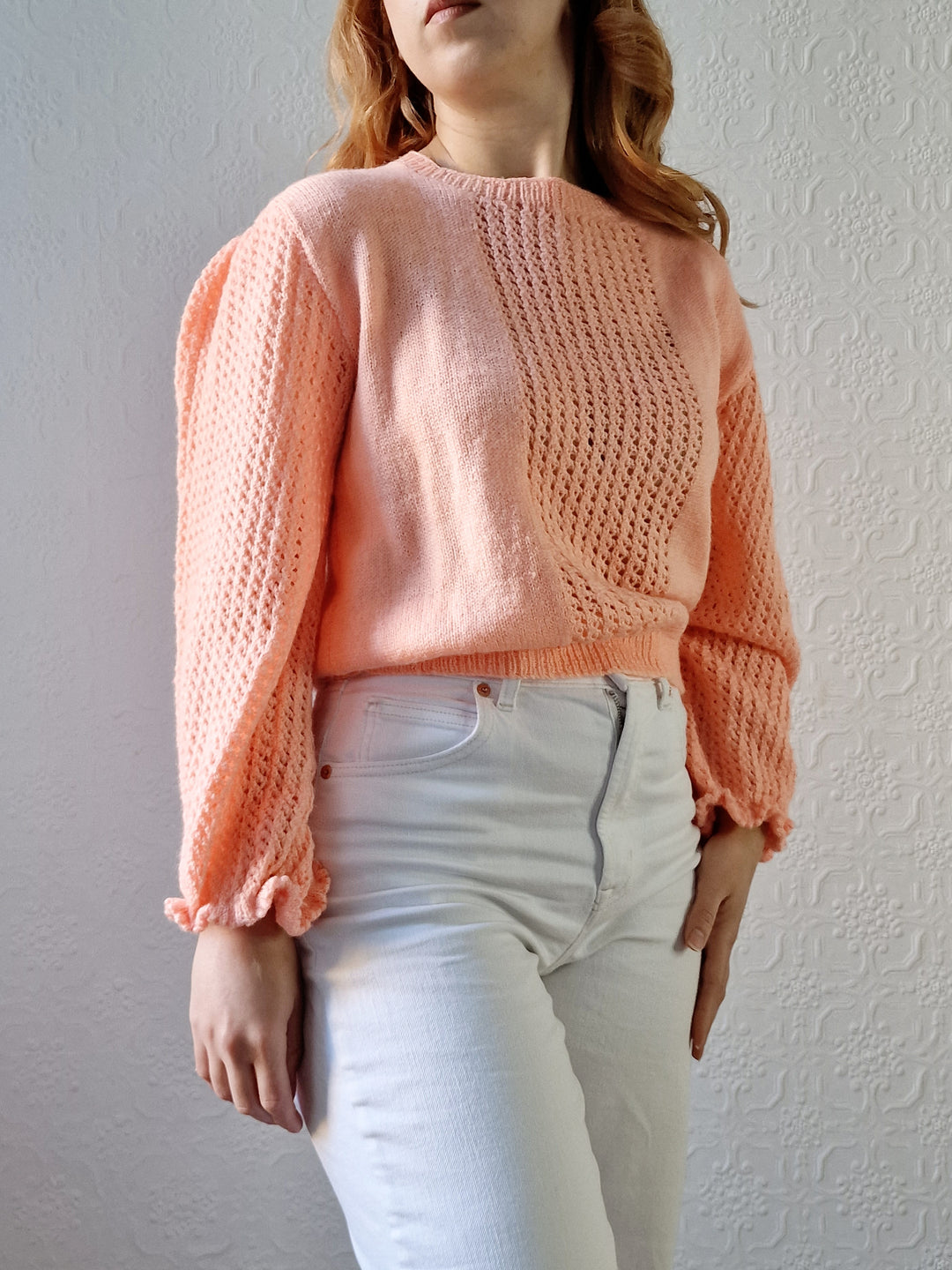 Vintage 80s Handknitted Peach Jumper with Crew Neck - M