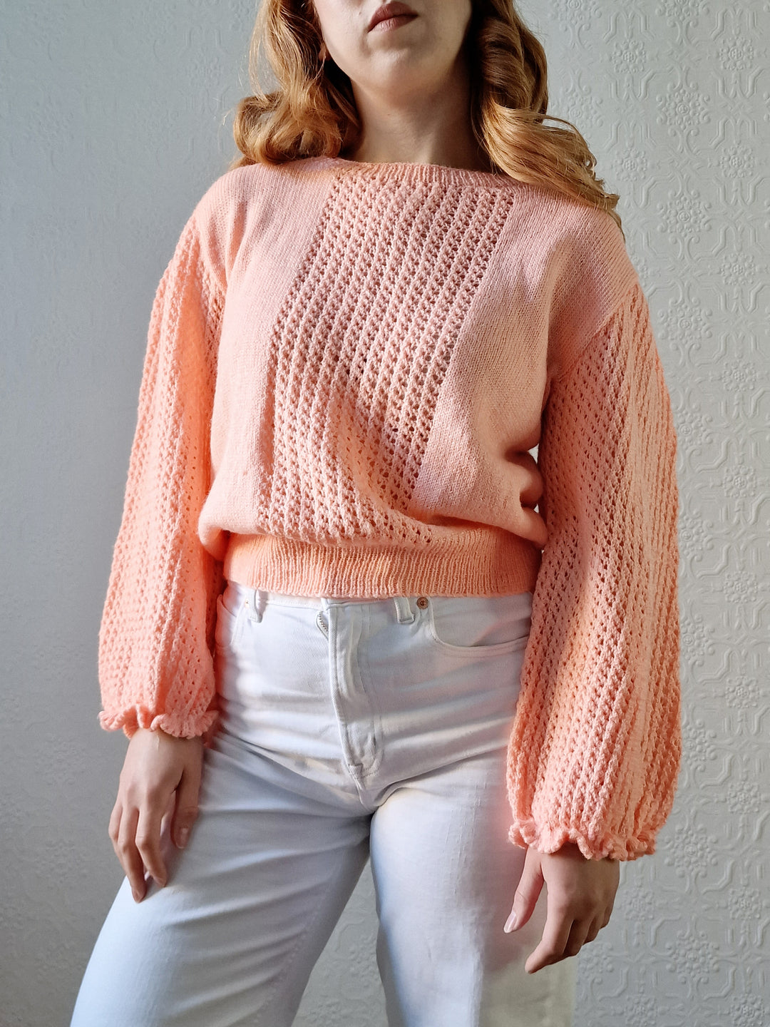 Vintage 80s Handknitted Peach Jumper with Crew Neck - M