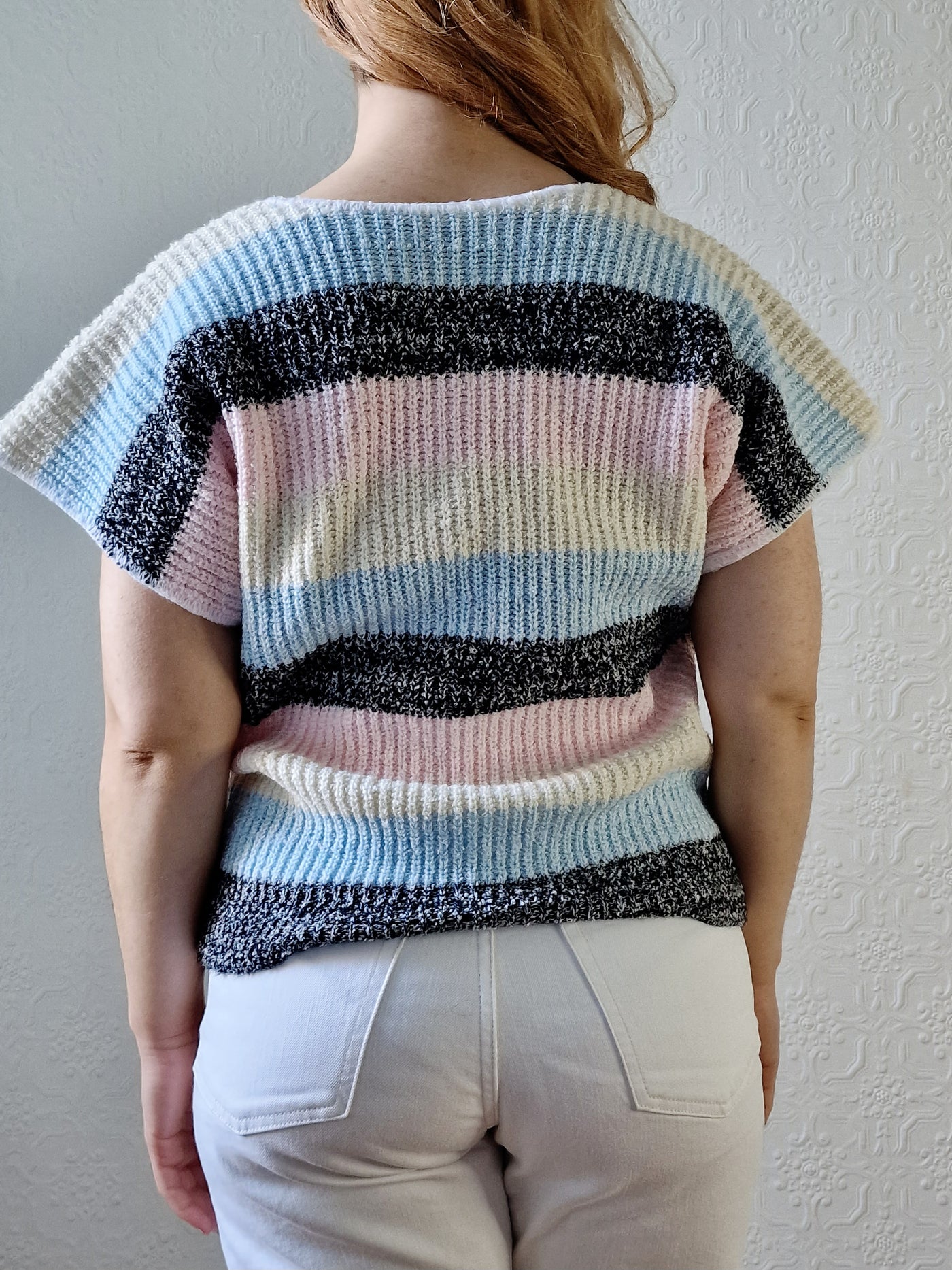 Vintage 80s Striped Pastel V-Neck Knitted Jumper Top with Short Sleeves - M